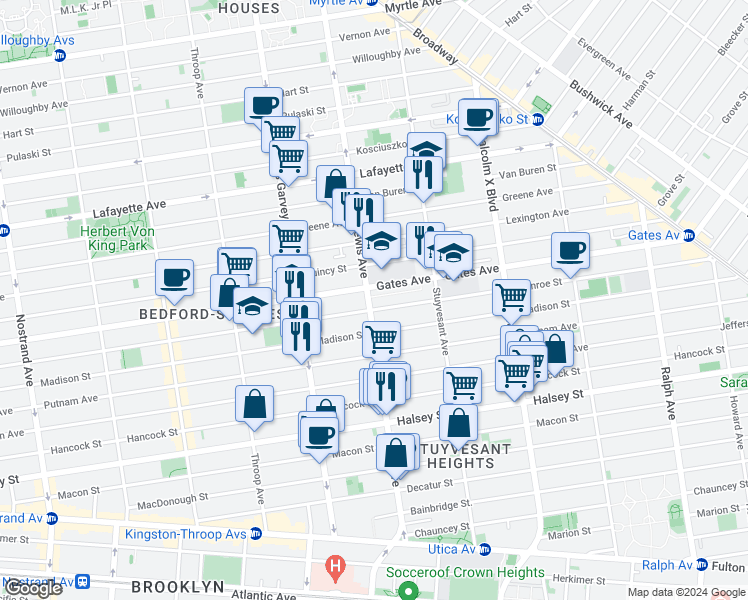 map of restaurants, bars, coffee shops, grocery stores, and more near 547 Monroe Street in Brooklyn