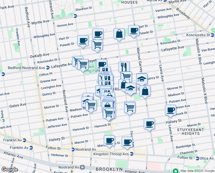 map of restaurants, bars, coffee shops, grocery stores, and more near 416 Quincy Street in Brooklyn
