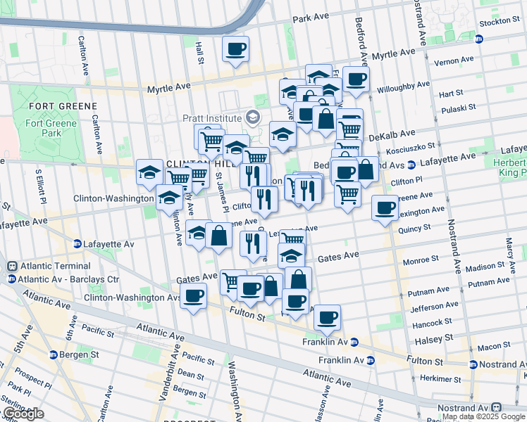 map of restaurants, bars, coffee shops, grocery stores, and more near 247 Greene Avenue in Brooklyn