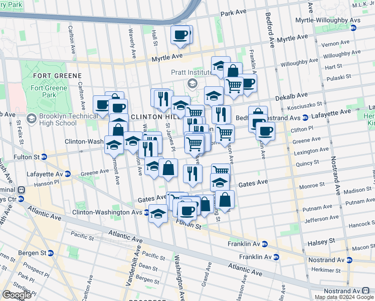 map of restaurants, bars, coffee shops, grocery stores, and more near 30 Clifton Place in Brooklyn