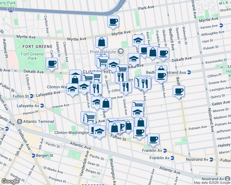 map of restaurants, bars, coffee shops, grocery stores, and more near 30 Clifton Place in Brooklyn