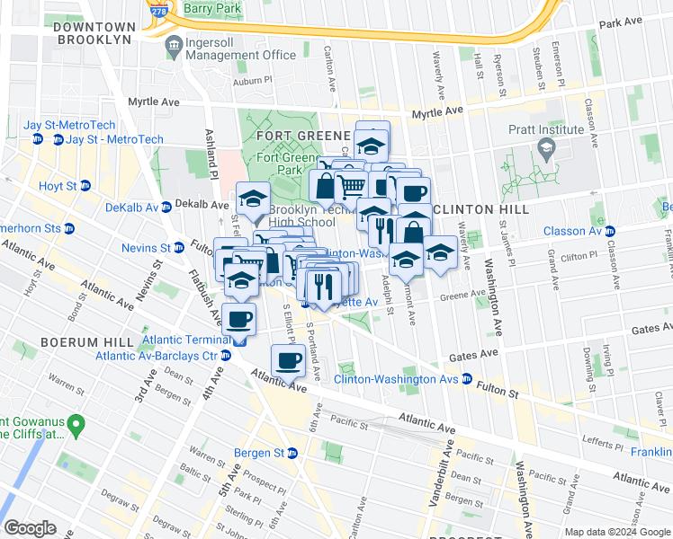 map of restaurants, bars, coffee shops, grocery stores, and more near 133 Lafayette Avenue in Brooklyn