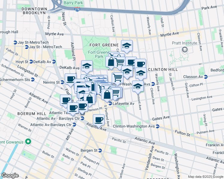 map of restaurants, bars, coffee shops, grocery stores, and more near 101 Lafayette Avenue in Brooklyn