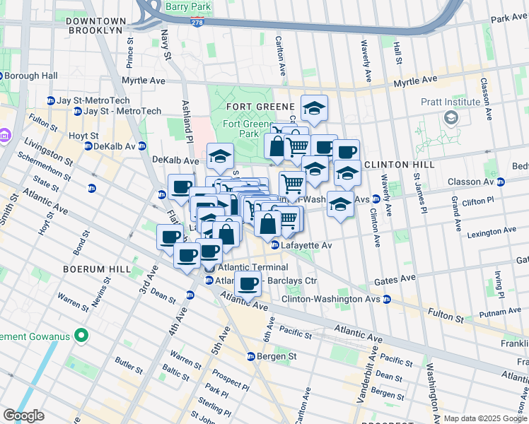 map of restaurants, bars, coffee shops, grocery stores, and more near 101 Lafayette Avenue in Brooklyn