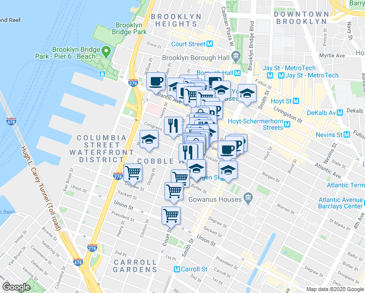 map of restaurants, bars, coffee shops, grocery stores, and more near 205 Warren Street in Brooklyn
