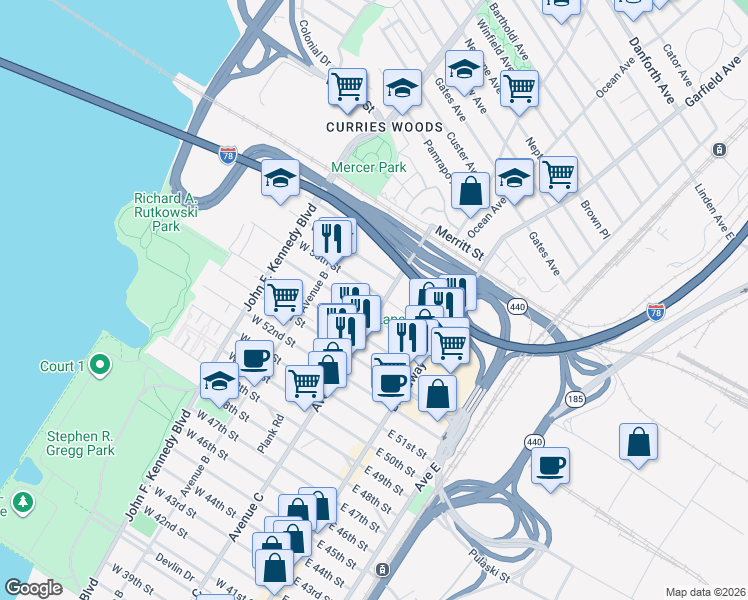 map of restaurants, bars, coffee shops, grocery stores, and more near 53 West 56th Street in Bayonne