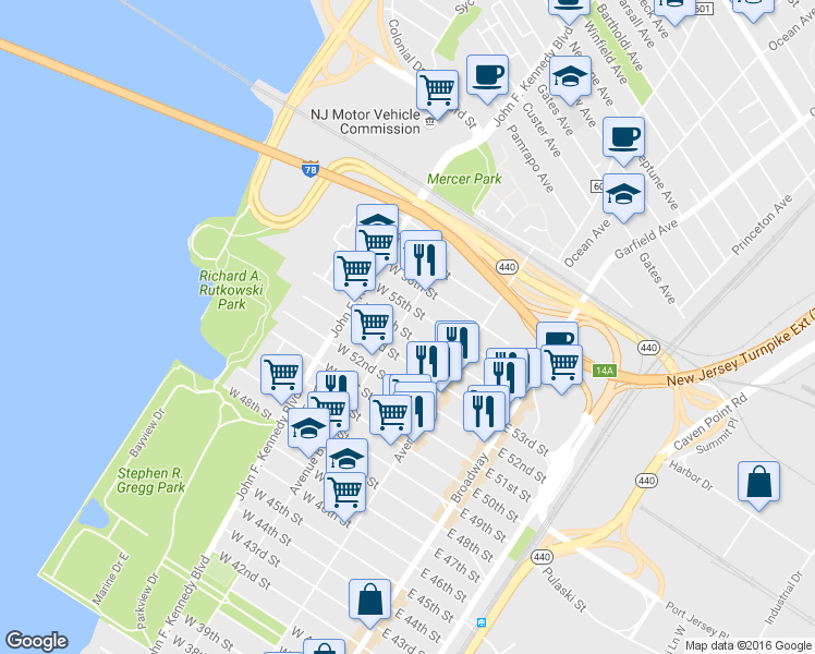 map of restaurants, bars, coffee shops, grocery stores, and more near 300 Avenue B in Bayonne