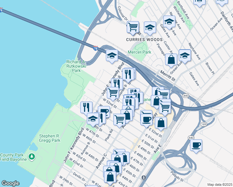 map of restaurants, bars, coffee shops, grocery stores, and more near 127 West 53rd Street in Bayonne