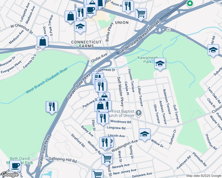 map of restaurants, bars, coffee shops, grocery stores, and more near 248 Burroughs Terrace in Union