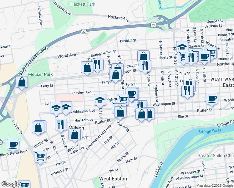 map of restaurants, bars, coffee shops, grocery stores, and more near 1810 Fairview Avenue in Easton