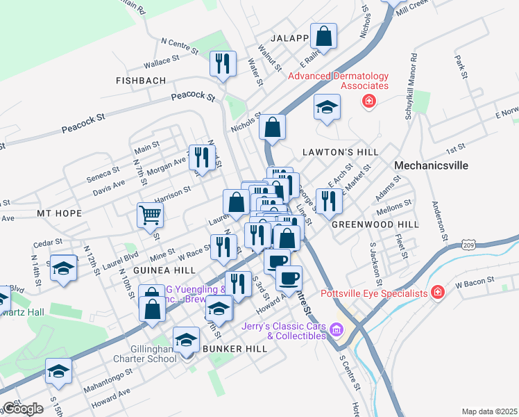 map of restaurants, bars, coffee shops, grocery stores, and more near in Pottsville