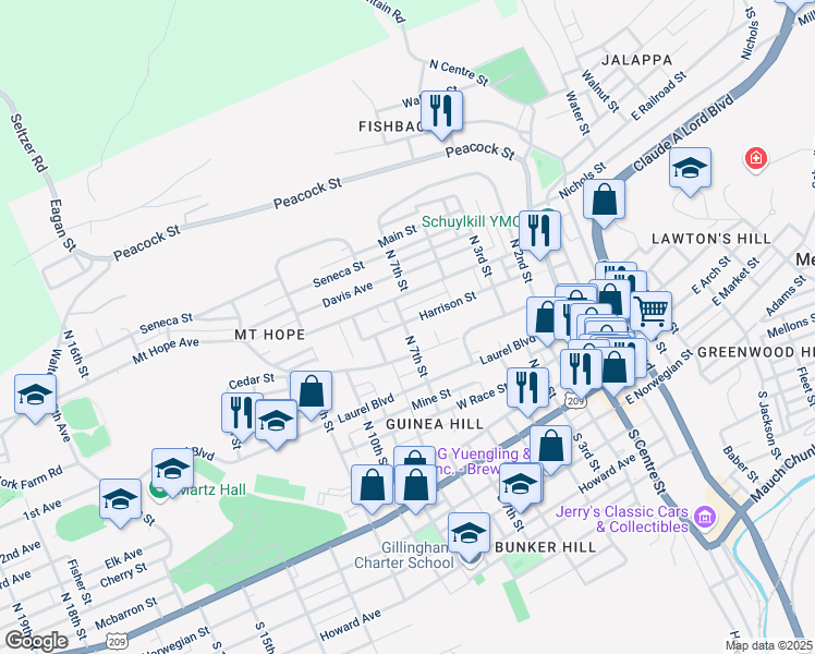 map of restaurants, bars, coffee shops, grocery stores, and more near 635 Harrison Street in Pottsville