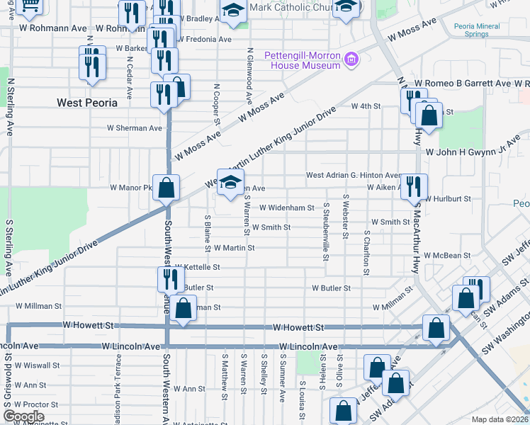 map of restaurants, bars, coffee shops, grocery stores, and more near 1528 West Widenham Street in Peoria