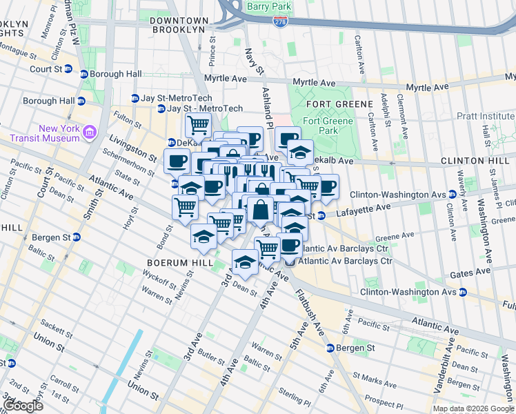 map of restaurants, bars, coffee shops, grocery stores, and more near 41 Flatbush Avenue in Brooklyn