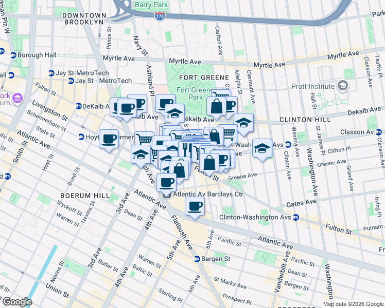 map of restaurants, bars, coffee shops, grocery stores, and more near 75 South Elliott Place in Brooklyn