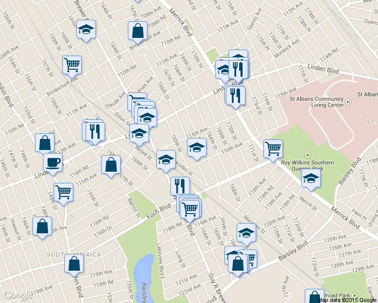 map of restaurants, bars, coffee shops, grocery stores, and more near 115-30 166th Street in Queens