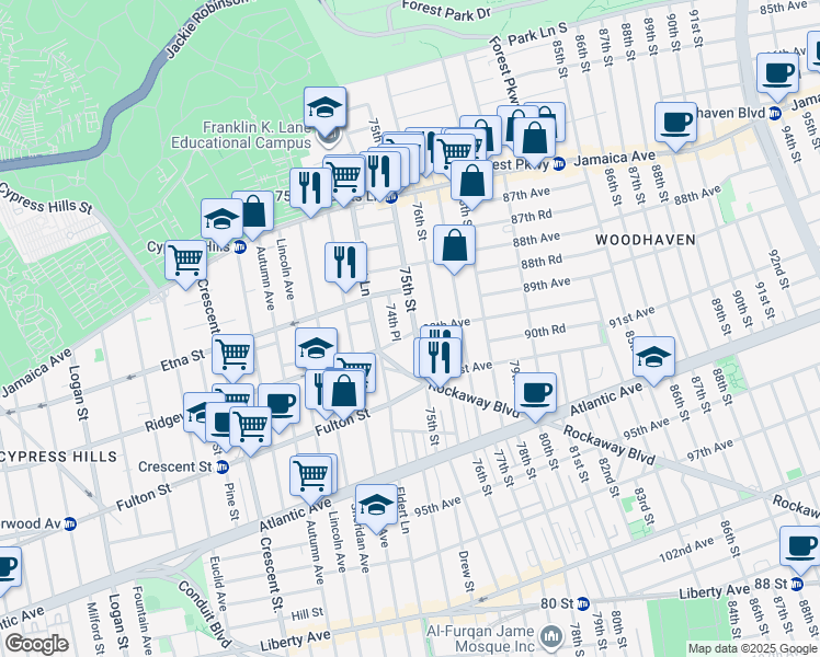 map of restaurants, bars, coffee shops, grocery stores, and more near 88-64 75th Street in Queens