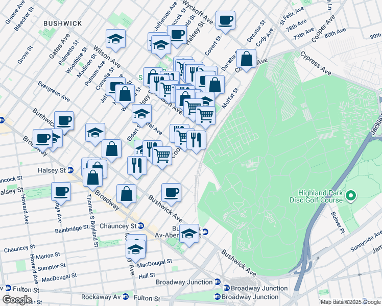 map of restaurants, bars, coffee shops, grocery stores, and more near 655 Central Avenue in Brooklyn