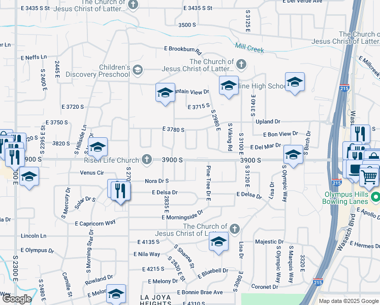 map of restaurants, bars, coffee shops, grocery stores, and more near 2914 East 3835 South in Salt Lake City