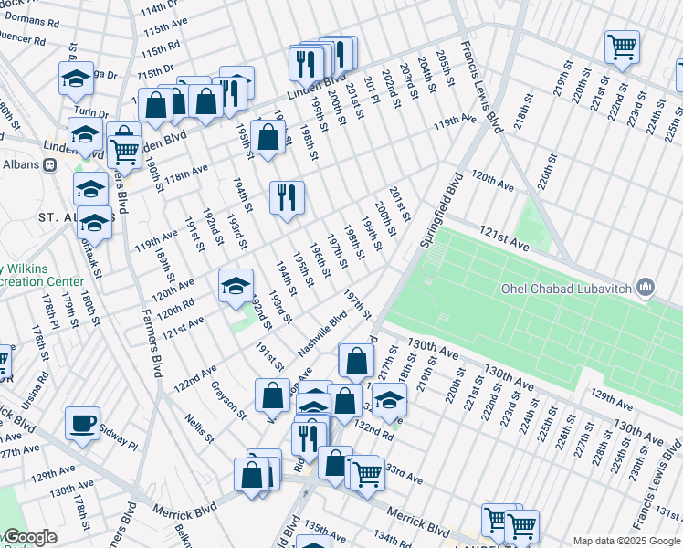 map of restaurants, bars, coffee shops, grocery stores, and more near 121-20 197th Street in Queens