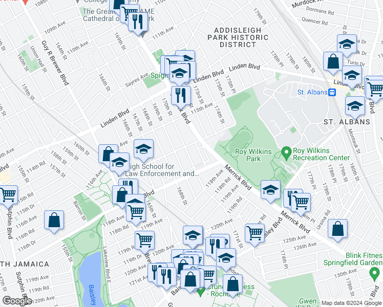 map of restaurants, bars, coffee shops, grocery stores, and more near 116-17 170th Street in Queens