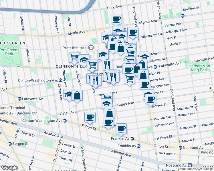 map of restaurants, bars, coffee shops, grocery stores, and more near 281 Greene Avenue in Brooklyn