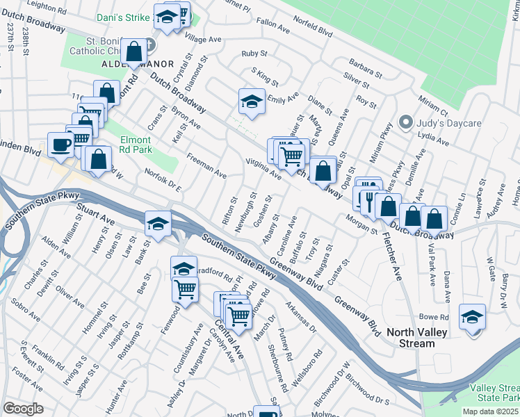 map of restaurants, bars, coffee shops, grocery stores, and more near 38 Goshen Street in Elmont