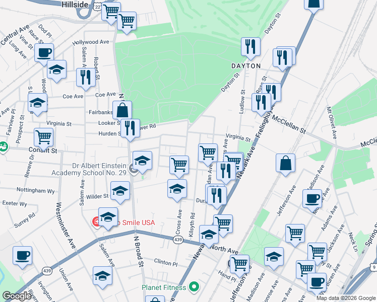 map of restaurants, bars, coffee shops, grocery stores, and more near 1029 Cross Avenue in Elizabeth