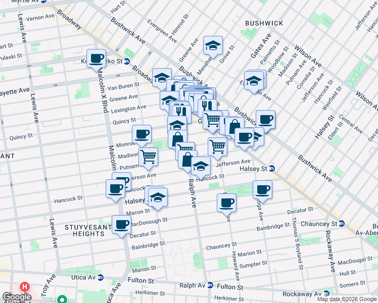 map of restaurants, bars, coffee shops, grocery stores, and more near 75 Ralph Avenue in Brooklyn