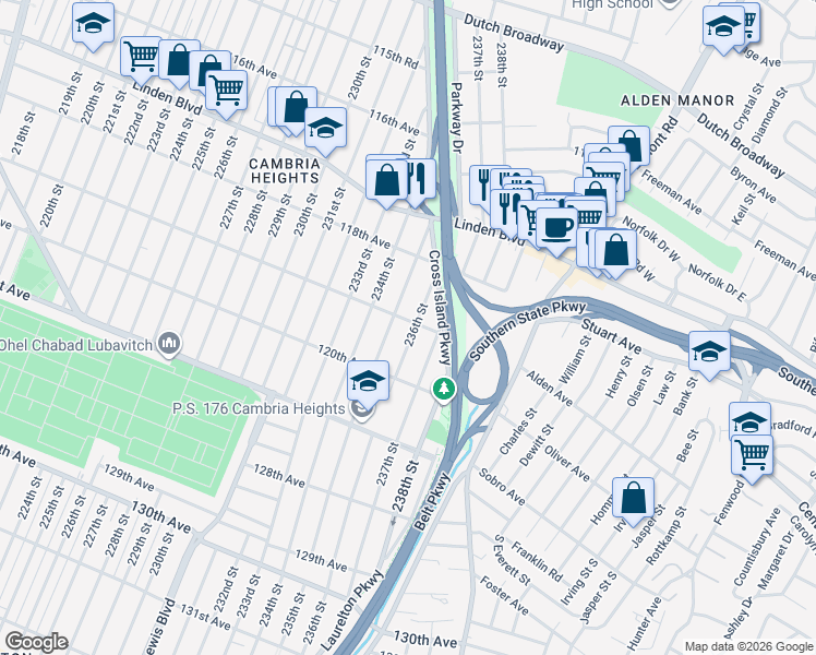 map of restaurants, bars, coffee shops, grocery stores, and more near 119-04 236th Street in Queens