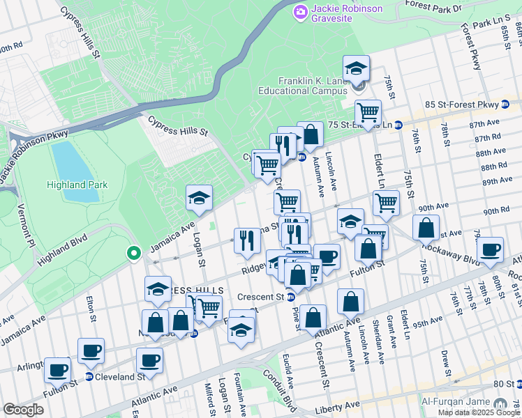 map of restaurants, bars, coffee shops, grocery stores, and more near 49 Euclid Avenue in Brooklyn