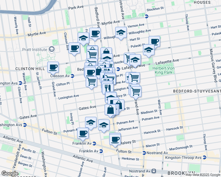 map of restaurants, bars, coffee shops, grocery stores, and more near 1065 Bedford Avenue in Brooklyn