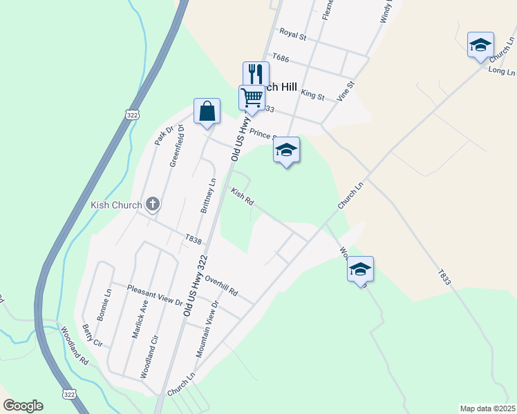 map of restaurants, bars, coffee shops, grocery stores, and more near Kish Road in Mifflin County