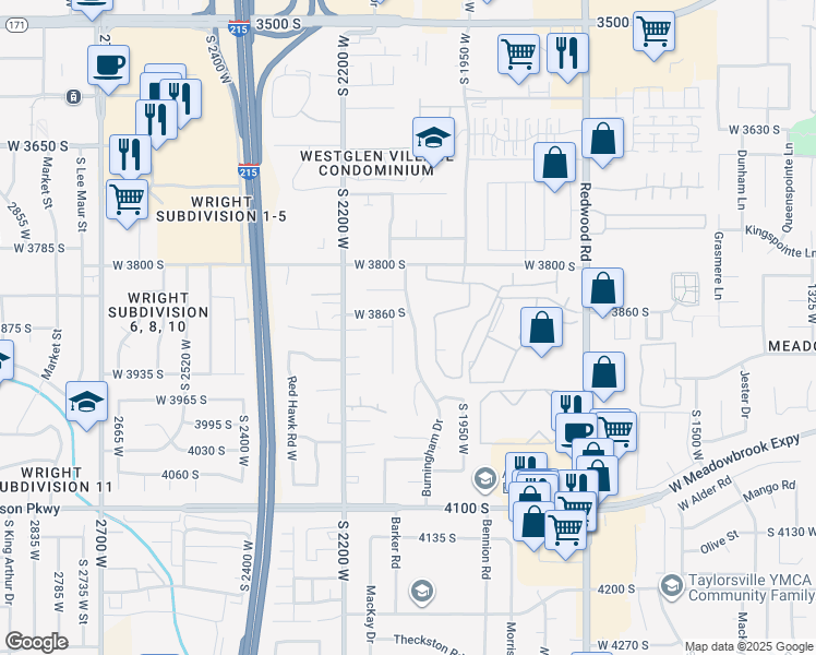 map of restaurants, bars, coffee shops, grocery stores, and more near 3876 Burningham Drive in West Valley City