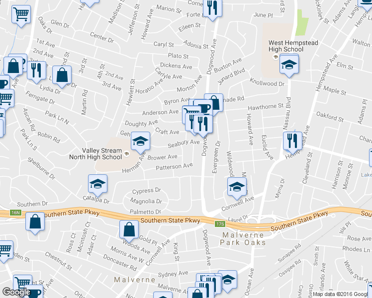 map of restaurants, bars, coffee shops, grocery stores, and more near 731 Meisser Street in Franklin Square