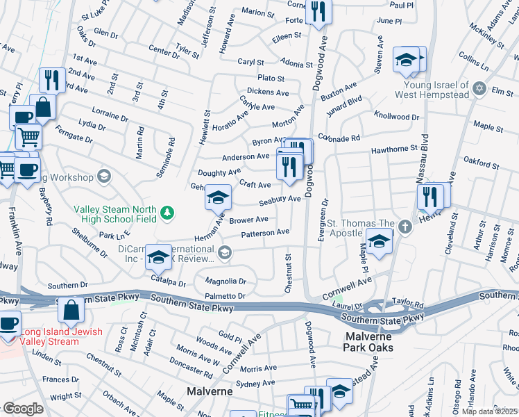 map of restaurants, bars, coffee shops, grocery stores, and more near 721 Seabury Ave in Franklin Square