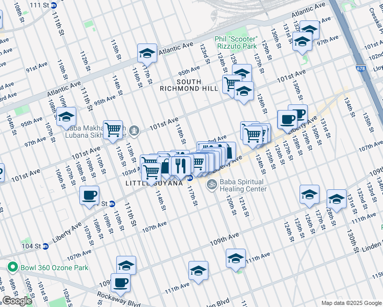map of restaurants, bars, coffee shops, grocery stores, and more near 103-05 118th Street in Queens