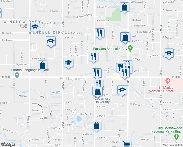 map of restaurants, bars, coffee shops, grocery stores, and more near 3880 South 700 East in South Salt Lake