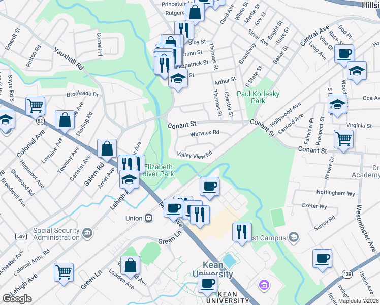 map of restaurants, bars, coffee shops, grocery stores, and more near 134 Valley View Road in Hillside