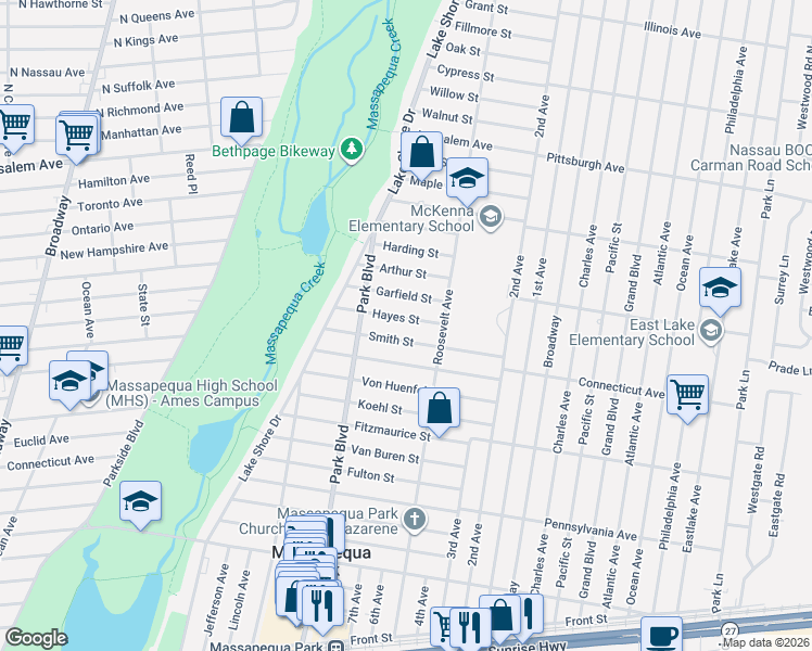 map of restaurants, bars, coffee shops, grocery stores, and more near 150 Hayes Street in Massapequa Park
