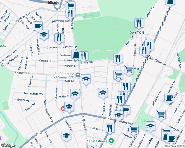 map of restaurants, bars, coffee shops, grocery stores, and more near 1404 Concord Place in Elizabeth