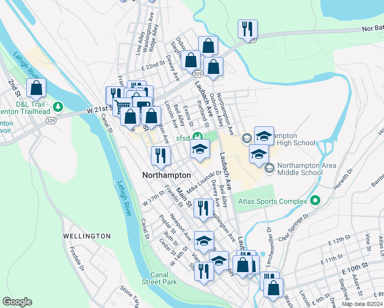 map of restaurants, bars, coffee shops, grocery stores, and more near 1707 Lincoln Avenue in Northampton