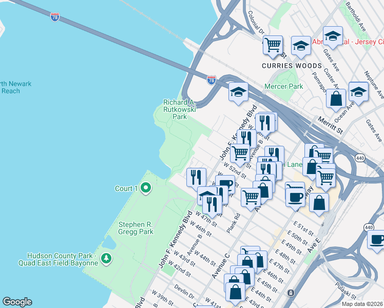 map of restaurants, bars, coffee shops, grocery stores, and more near 193 West 51st Street in Bayonne