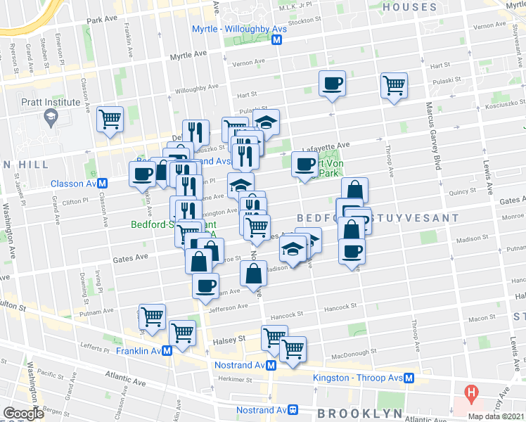 map of restaurants, bars, coffee shops, grocery stores, and more near 292 Lexington Avenue in Brooklyn