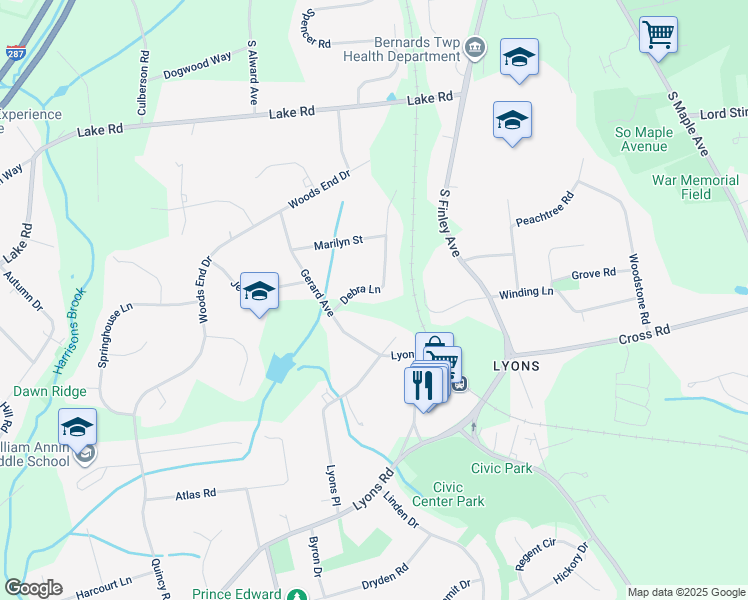 map of restaurants, bars, coffee shops, grocery stores, and more near 21 Debra Lane in Bernards
