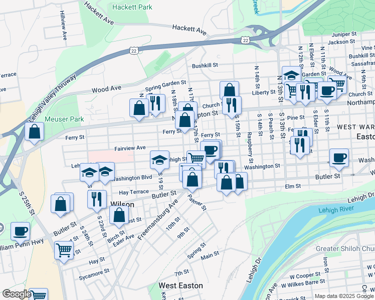 map of restaurants, bars, coffee shops, grocery stores, and more near 1810 Fairview Avenue in Easton