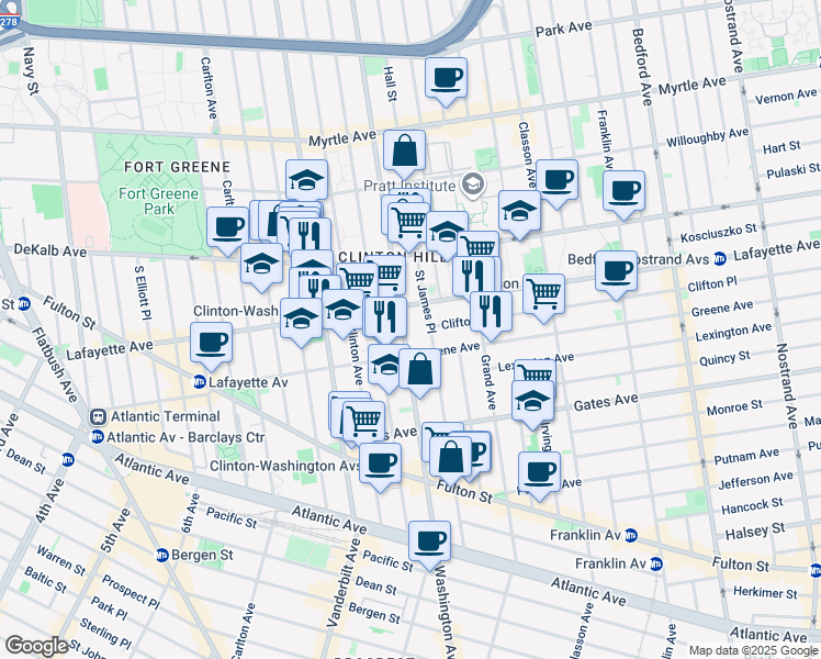 map of restaurants, bars, coffee shops, grocery stores, and more near 369 Washington Avenue in Brooklyn