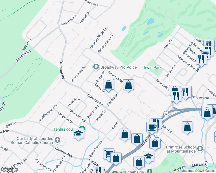 map of restaurants, bars, coffee shops, grocery stores, and more near 325 Linda Drive in Mountainside