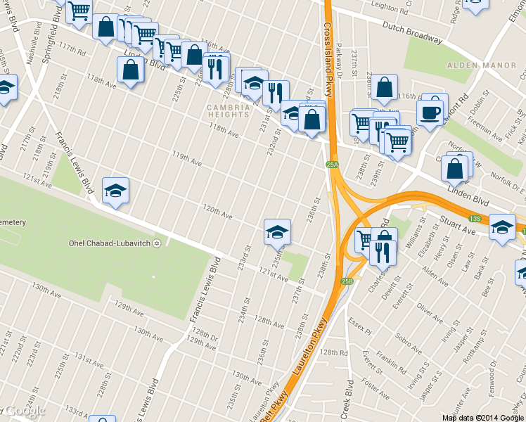 map of restaurants, bars, coffee shops, grocery stores, and more near 119-30 233rd Street in Queens