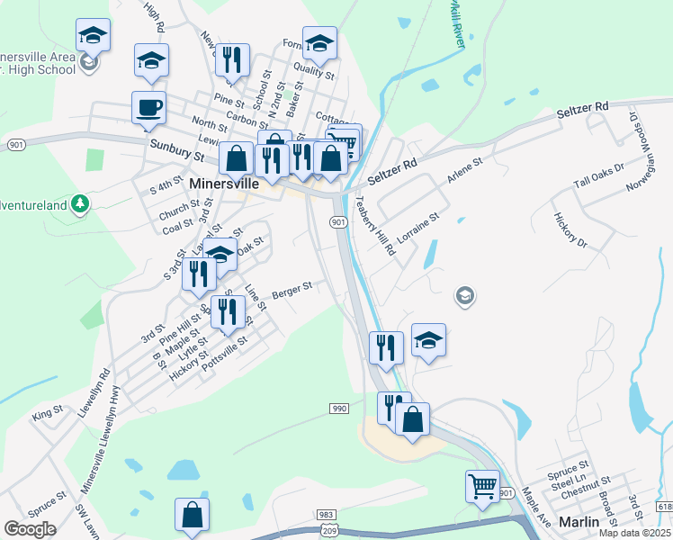 map of restaurants, bars, coffee shops, grocery stores, and more near 231 South Delaware Avenue in Minersville